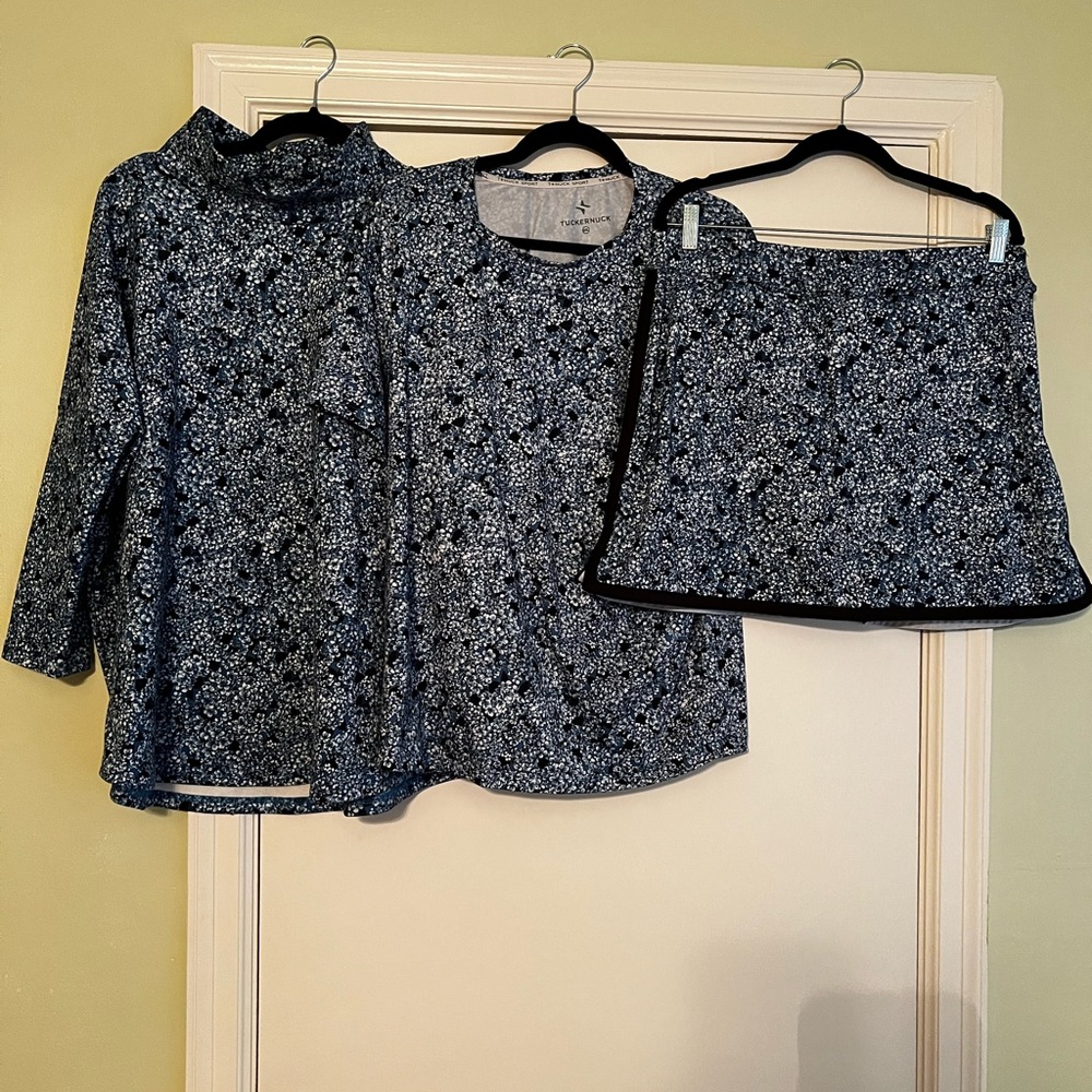 Tuckernuck Blue Black Floral Knit Top, Pullover & Mini Skirt Set
